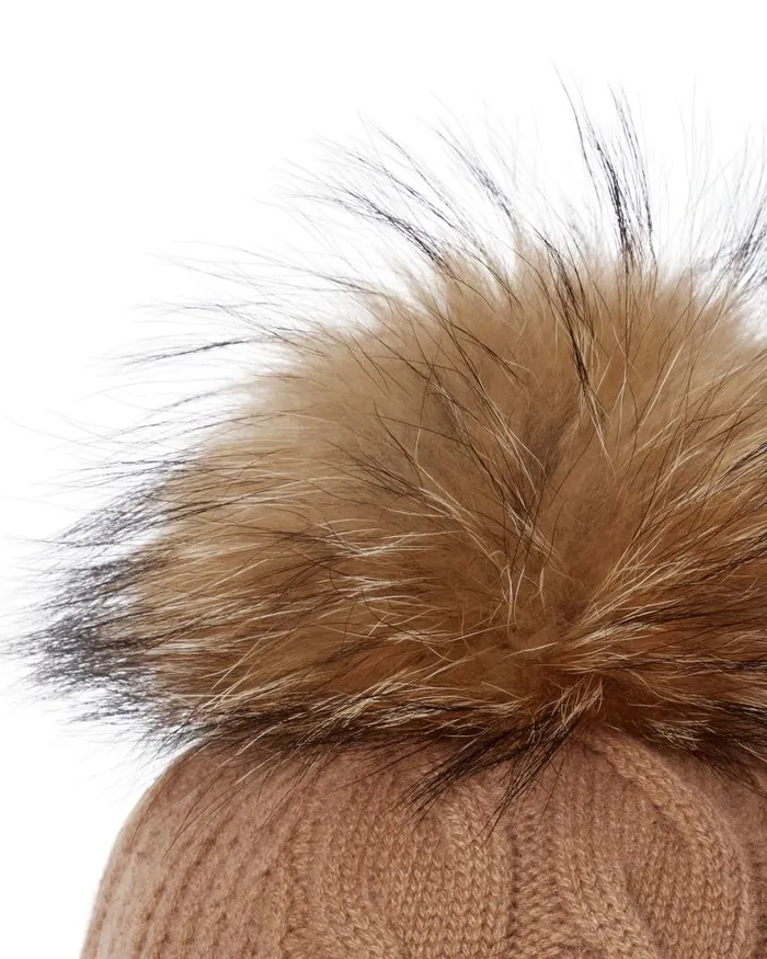 NPeal Hats Women Cable Cashmere Hat With Fur Pom Dark Camel Brown