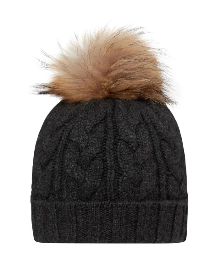 NPeal Hats WomenMen Unisex Chunky Cable Cashmere Pom Hat Dark Charcoal Grey