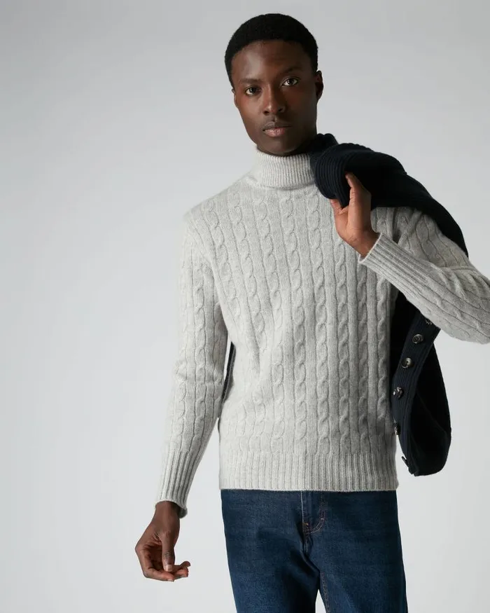 NPeal Jumpers Men 007 Cable Roll Neck Cashmere Jumper Fumo Grey