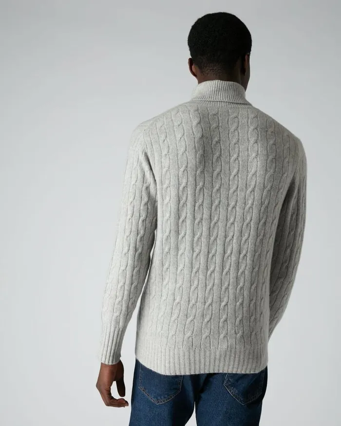 NPeal Jumpers Men 007 Cable Roll Neck Cashmere Jumper Fumo Grey
