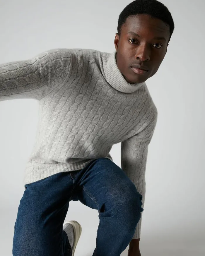 NPeal Jumpers Men 007 Cable Roll Neck Cashmere Jumper Fumo Grey
