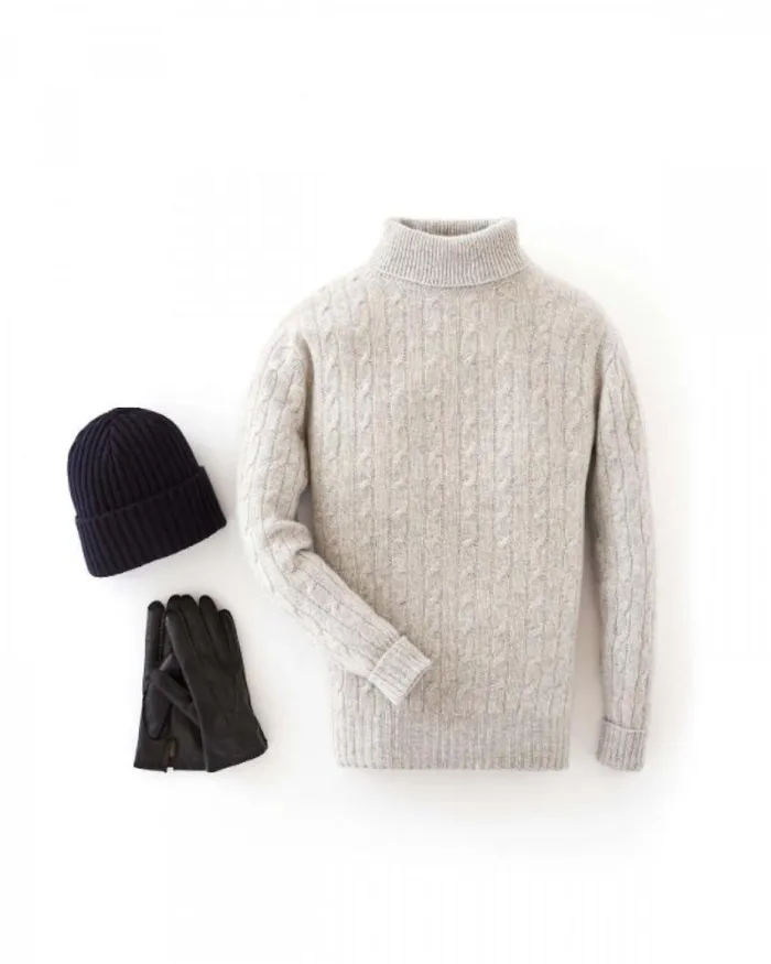 NPeal Jumpers Men 007 Cable Roll Neck Cashmere Jumper Fumo Grey
