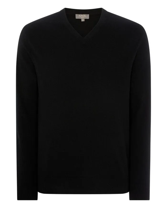 NPeal Jumpers Men Burlington V Neck Cashmere Jumper Black