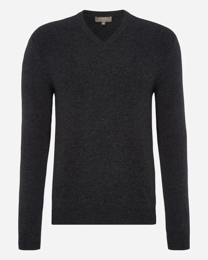 NPeal Jumpers Men Burlington V Neck Cashmere Jumper Dark Charcoal Grey