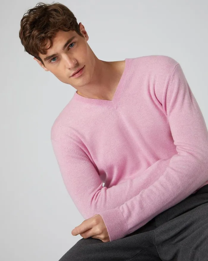 NPeal Jumpers Men Burlington V Neck Cashmere Jumper Flamingo Pink