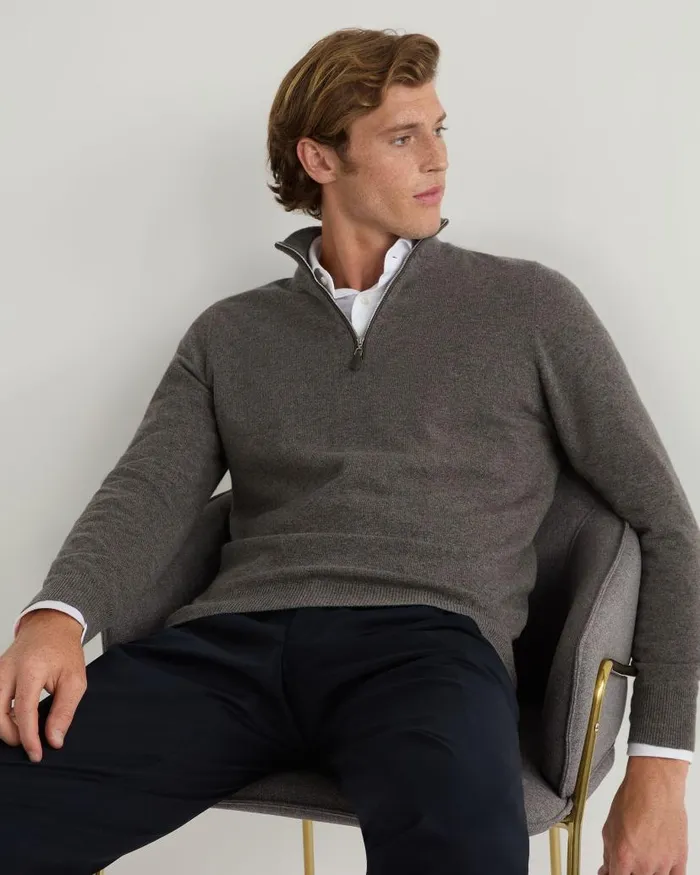 NPeal Jumpers Men Carnaby Half Zip Cashmere Jumper Wood Smoke Brown