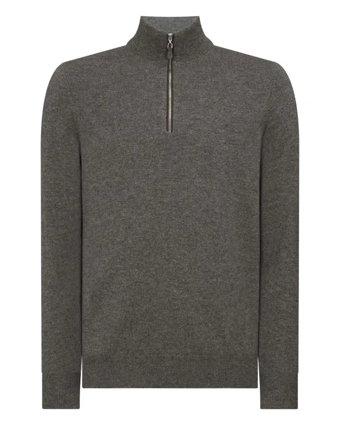 NPeal Jumpers Men Carnaby Half Zip Cashmere Jumper Wood Smoke Brown