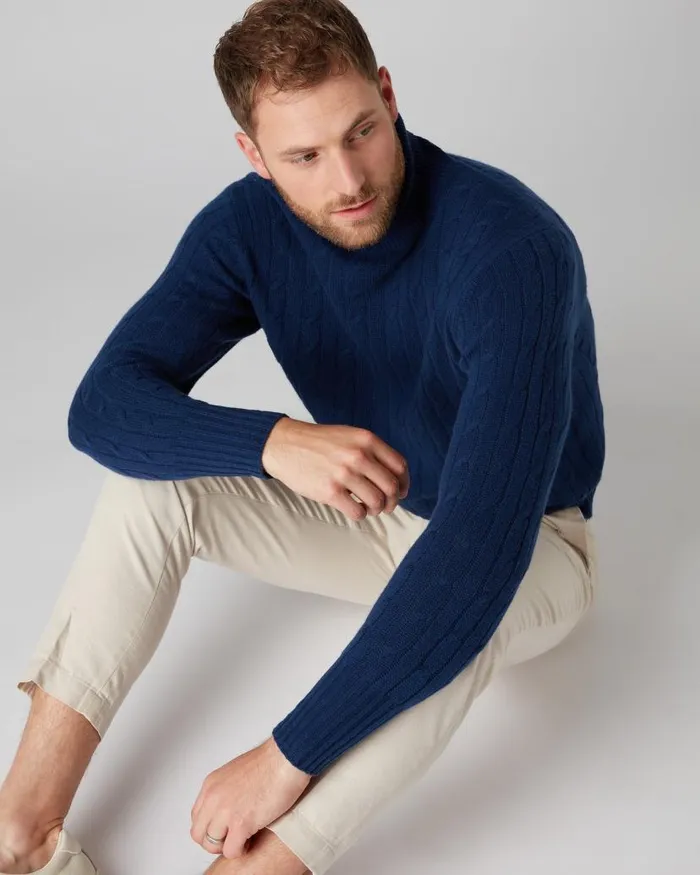 NPeal Jumpers Men Classic Cable Roll Neck Cashmere Jumper French Blue