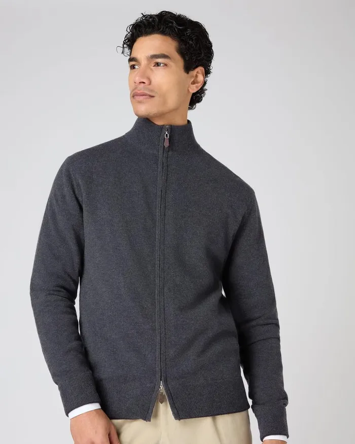 NPeal Jumpers Men Knightsbridge Full Zip Cashmere Jumper Dark Charcoal Grey