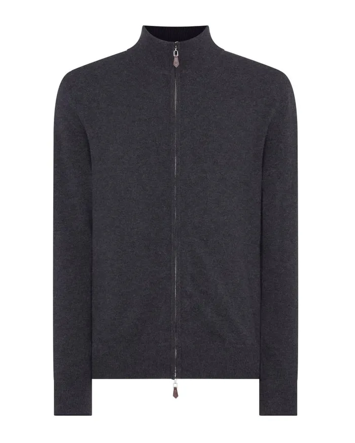 NPeal Jumpers Men Knightsbridge Full Zip Cashmere Jumper Dark Charcoal Grey