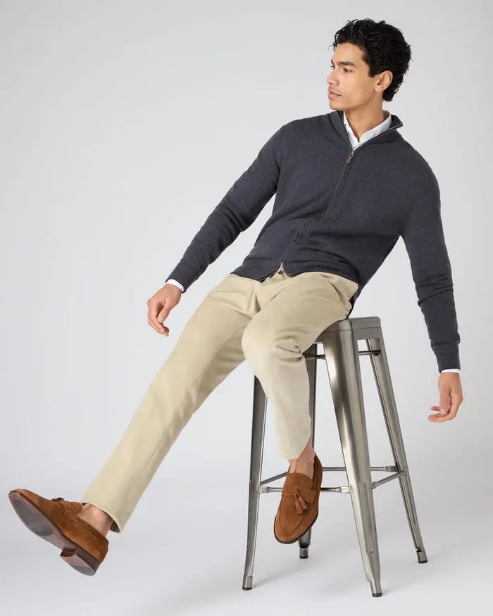 NPeal Jumpers Men Knightsbridge Full Zip Cashmere Jumper Dark Charcoal Grey