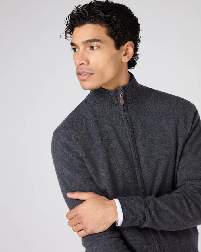NPeal Jumpers Men Knightsbridge Full Zip Cashmere Jumper Dark Charcoal Grey