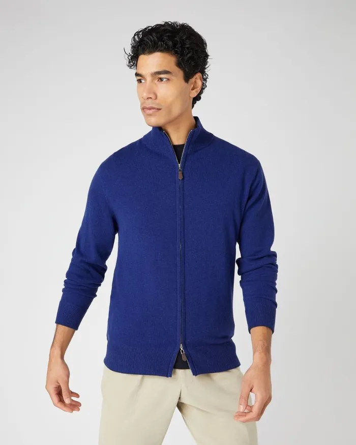 NPeal Jumpers Men Knightsbridge Full Zip Cashmere Jumper Sapphire Blue