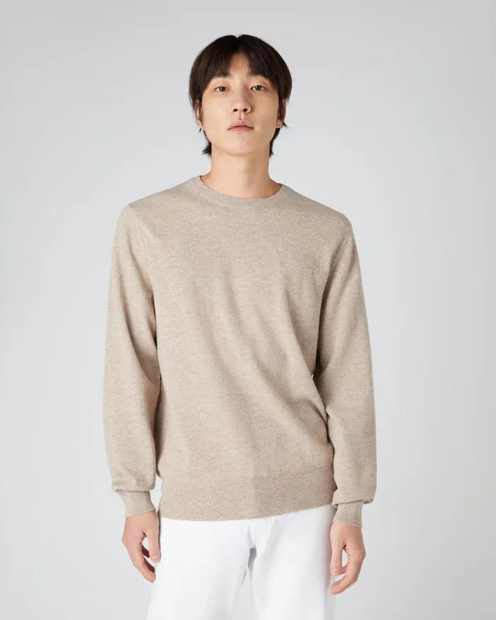 NPeal Jumpers Men Oxford Round Neck Cashmere Jumper Oatmeal Brown