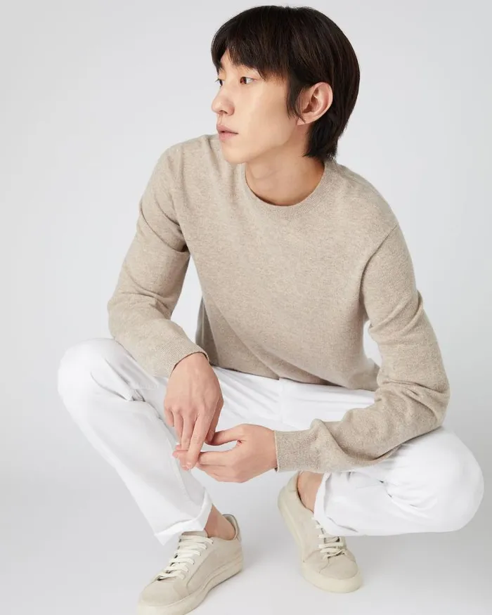 NPeal Jumpers Men Oxford Round Neck Cashmere Jumper Oatmeal Brown