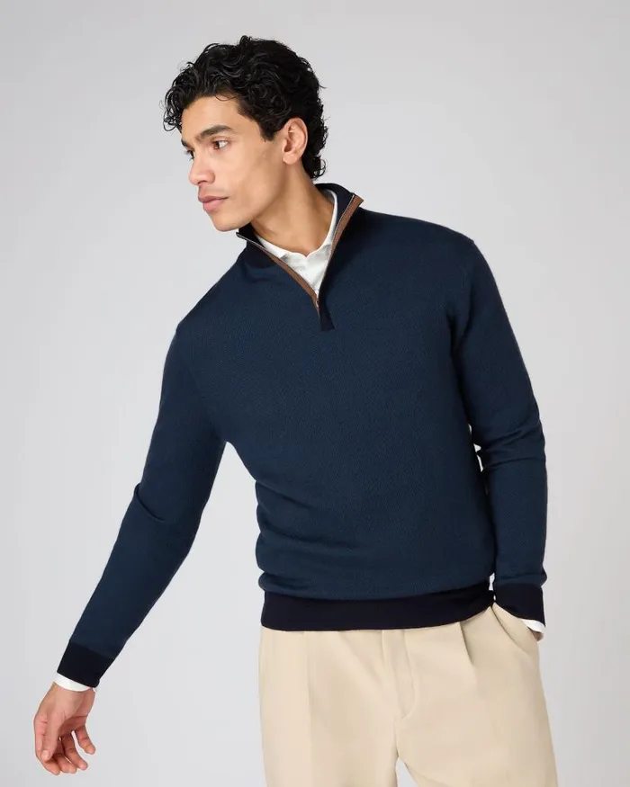 NPeal Jumpers Men Regent Birdseye Fine Gauge Cashmere Half Zip Jumper Navy Blue