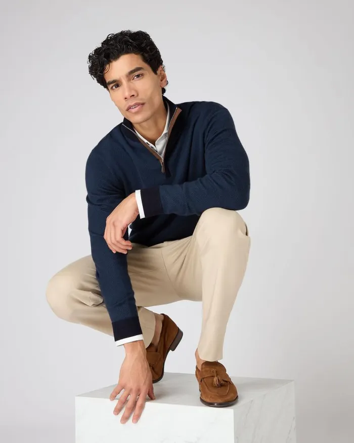 NPeal Jumpers Men Regent Birdseye Fine Gauge Cashmere Half Zip Jumper Navy Blue