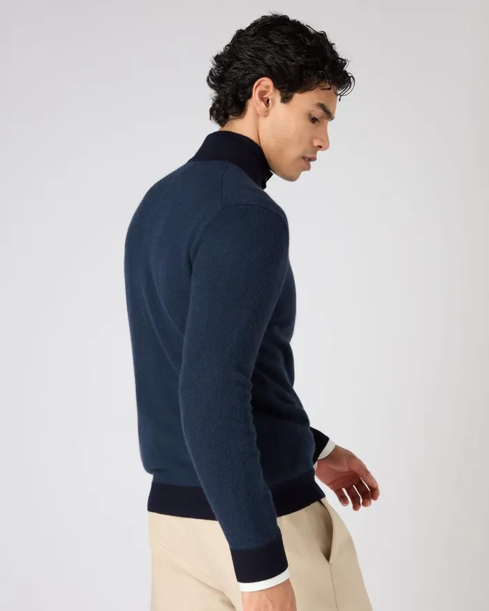 NPeal Jumpers Men Regent Birdseye Fine Gauge Cashmere Half Zip Jumper Navy Blue