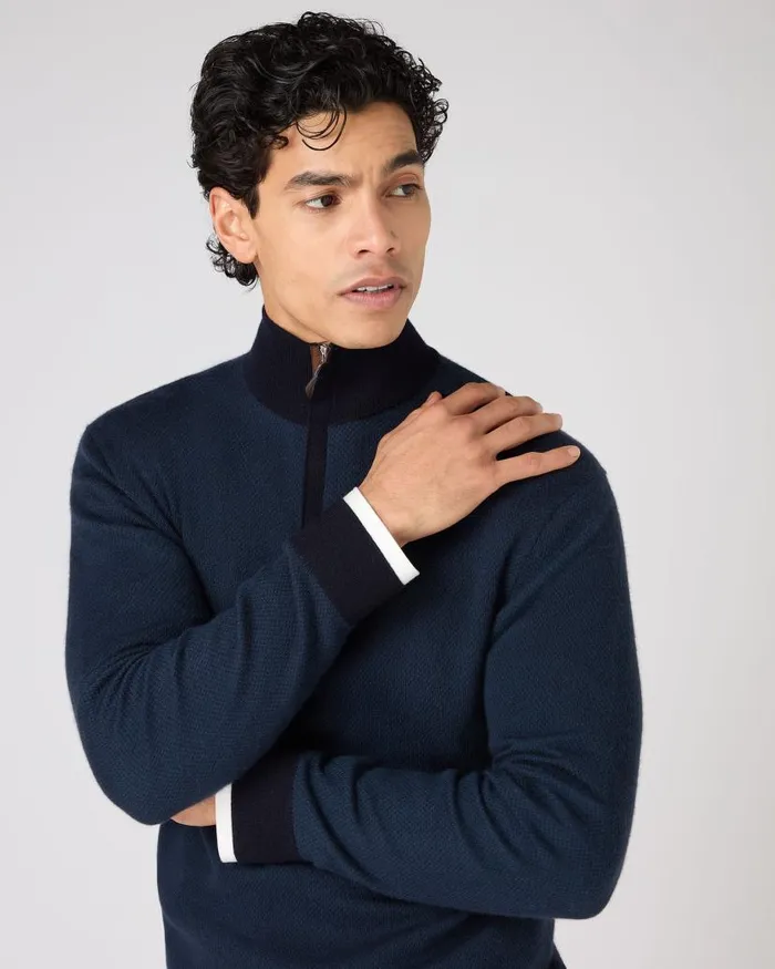 NPeal Jumpers Men Regent Birdseye Fine Gauge Cashmere Half Zip Jumper Navy Blue