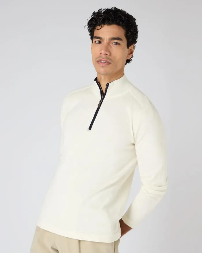 NPeal Jumpers Men Salcombe Half Zip Cotton Cashmere Jumper New Ivory White