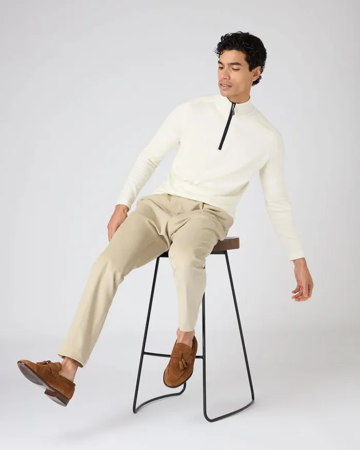 NPeal Jumpers Men Salcombe Half Zip Cotton Cashmere Jumper New Ivory White