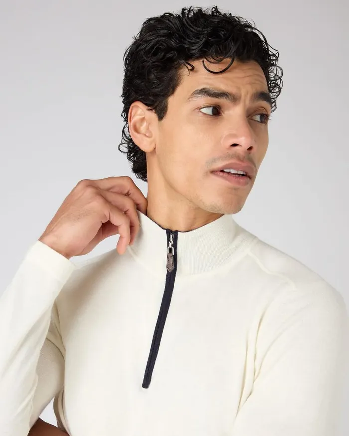 NPeal Jumpers Men Salcombe Half Zip Cotton Cashmere Jumper New Ivory White