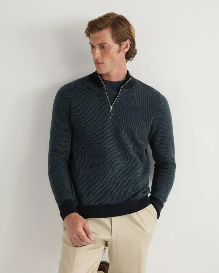 NPeal Jumpers Men Temple Jacquard Half Zip Cashmere Jumper Navy Blue