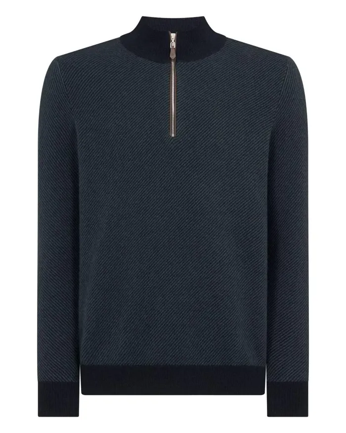 NPeal Jumpers Men Temple Jacquard Half Zip Cashmere Jumper Navy Blue