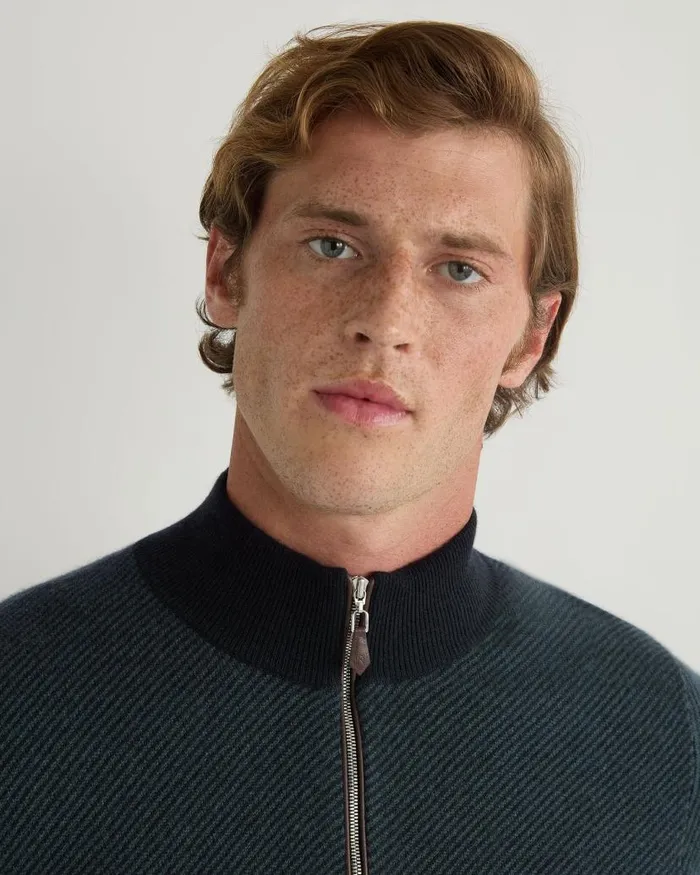 NPeal Jumpers Men Temple Jacquard Half Zip Cashmere Jumper Navy Blue