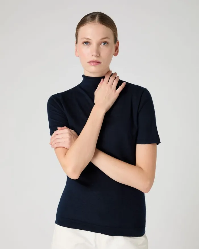 NPeal Tops and Tshirts Women Rosie Superfine Cashmere Mock Neck TShirt Navy Blue