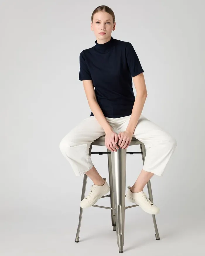 NPeal Tops and Tshirts Women Rosie Superfine Cashmere Mock Neck TShirt Navy Blue