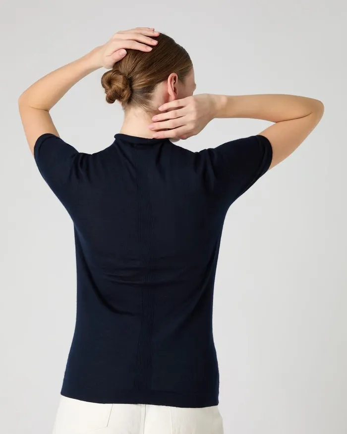 NPeal Tops and Tshirts Women Rosie Superfine Cashmere Mock Neck TShirt Navy Blue