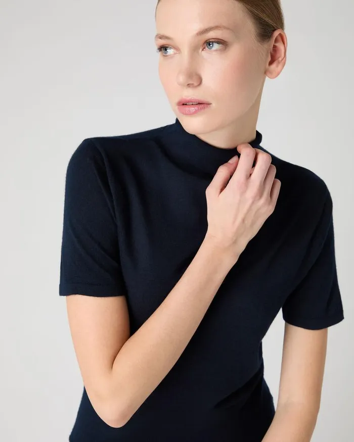 NPeal Tops and Tshirts Women Rosie Superfine Cashmere Mock Neck TShirt Navy Blue