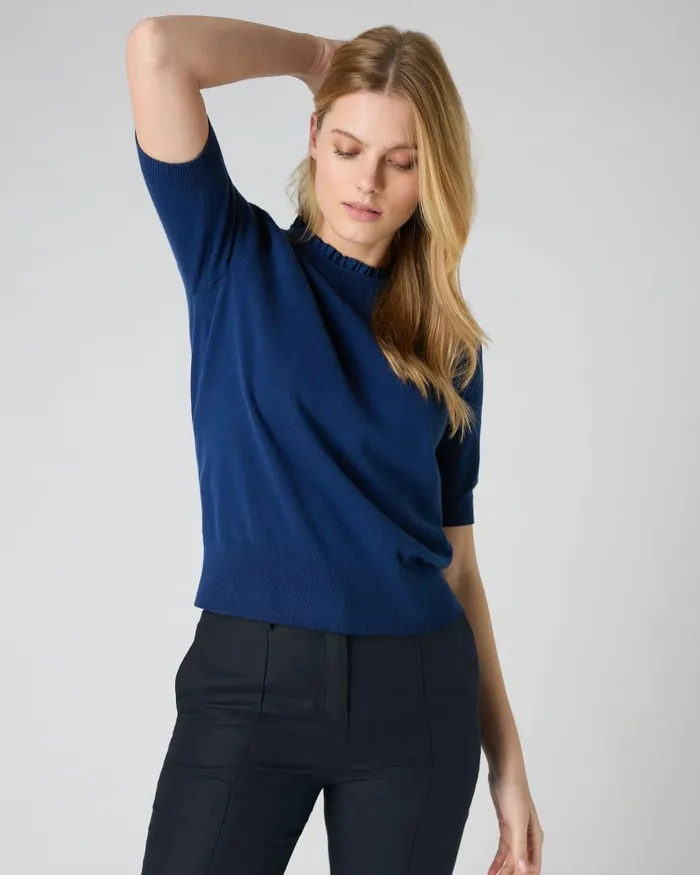 NPeal Tops and Tshirts Women Ruffle Trim Cashmere TShirt French Blue
