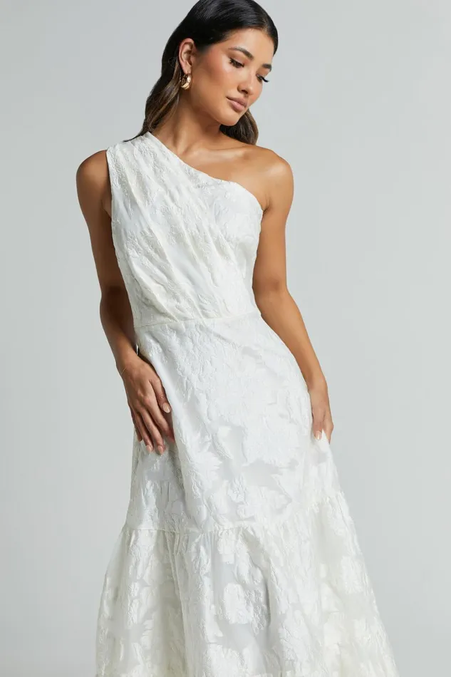 Nadette Midi Dress 8211 One Shoulder Pleated Tiered Dress In White Women Showpo Dresses
