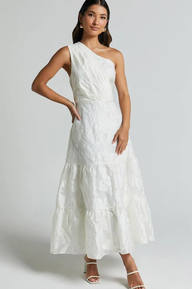 Nadette Midi Dress 8211 One Shoulder Pleated Tiered Dress In White Women Showpo Dresses