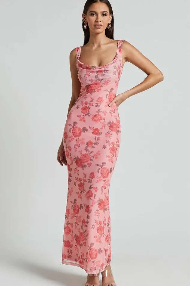 Nadine Maxi Dress 8211 Cowl Neck Low Back Mesh Slip Dress In Pink Floral Women Showpo Dresses Nadine Maxi Dress 8211 Cowl Neck Low Back Mesh Slip Dress In Pink Floral Women Showpo Dresses