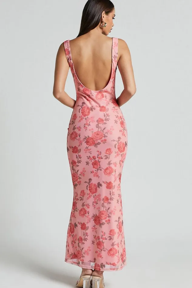 Nadine Maxi Dress 8211 Cowl Neck Low Back Mesh Slip Dress In Pink Floral Women Showpo Dresses
