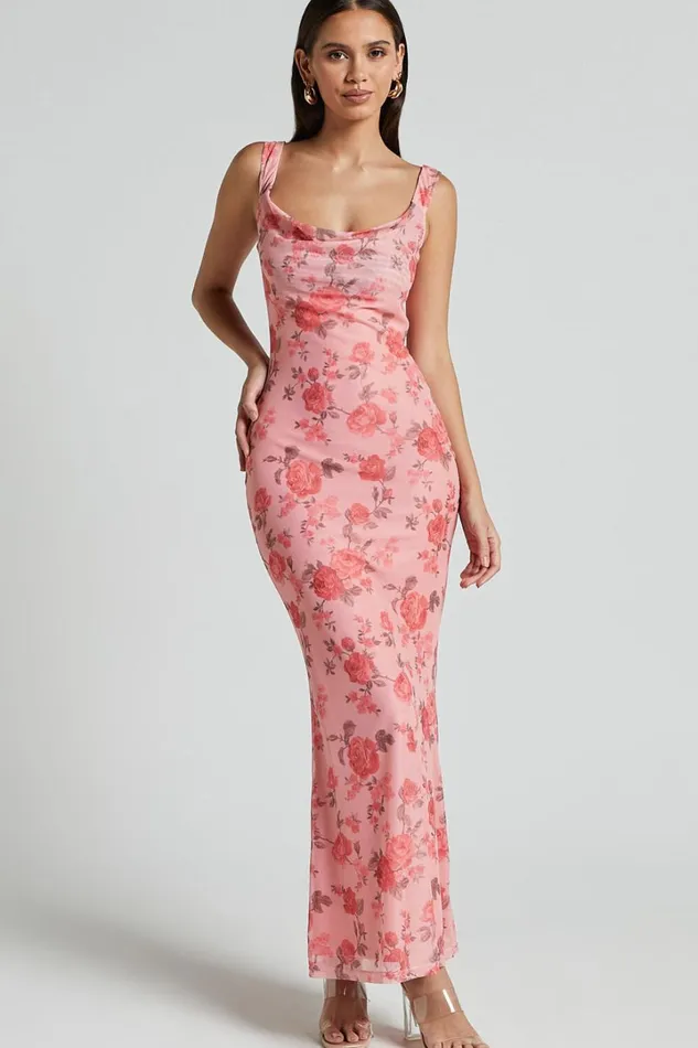 Nadine Maxi Dress 8211 Cowl Neck Low Back Mesh Slip Dress In Pink Floral Women Showpo Dresses