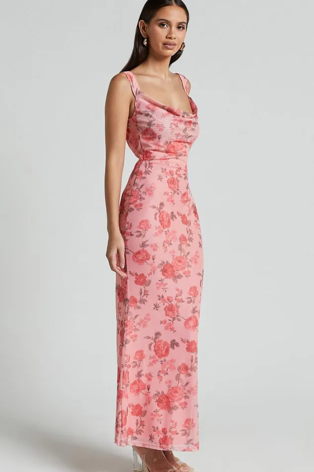 Nadine Maxi Dress 8211 Cowl Neck Low Back Mesh Slip Dress In Pink Floral Women Showpo Dresses