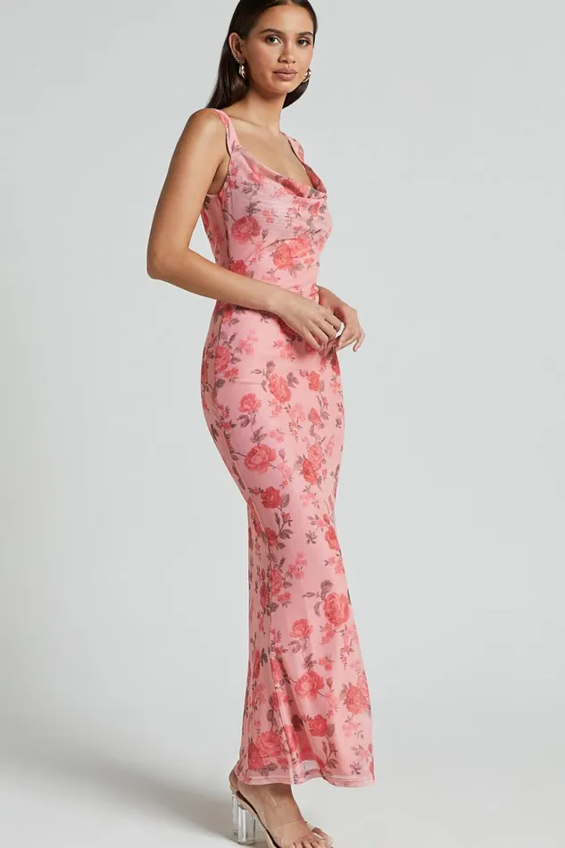 Nadine Maxi Dress 8211 Cowl Neck Low Back Mesh Slip Dress In Pink Floral Women Showpo Dresses