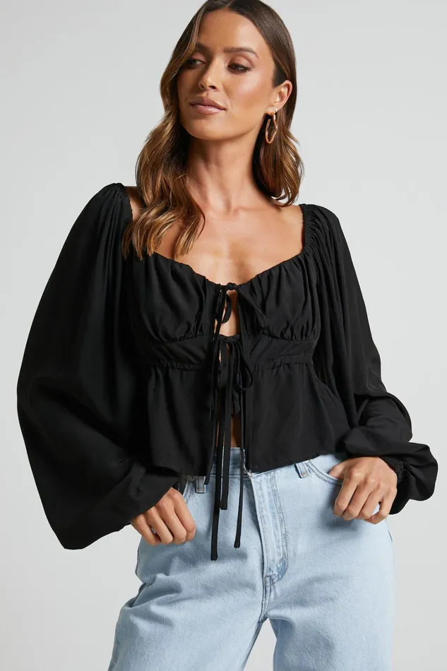 Nadine Top 8211 Long Sleeve Ruched Bust Top In Black Women Showpo Tops
