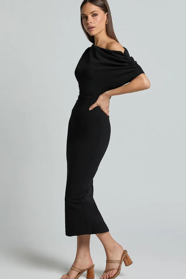 Nalfie Midi Dress 8211 Tipped Shoulder Jersey Drape Dress In Black Women Showpo Curve Clothes