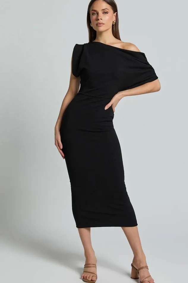 Nalfie Midi Dress 8211 Tipped Shoulder Jersey Drape Dress In Black Women Showpo Curve Clothes