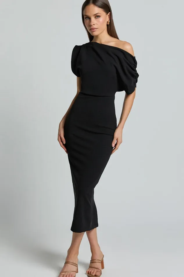 Nalfie Midi Dress 8211 Tipped Shoulder Jersey Drape Dress In Black Women Showpo Curve Clothes