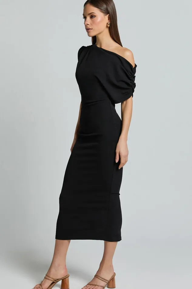 Nalfie Midi Dress 8211 Tipped Shoulder Jersey Drape Dress In Black Women Showpo Curve Clothes