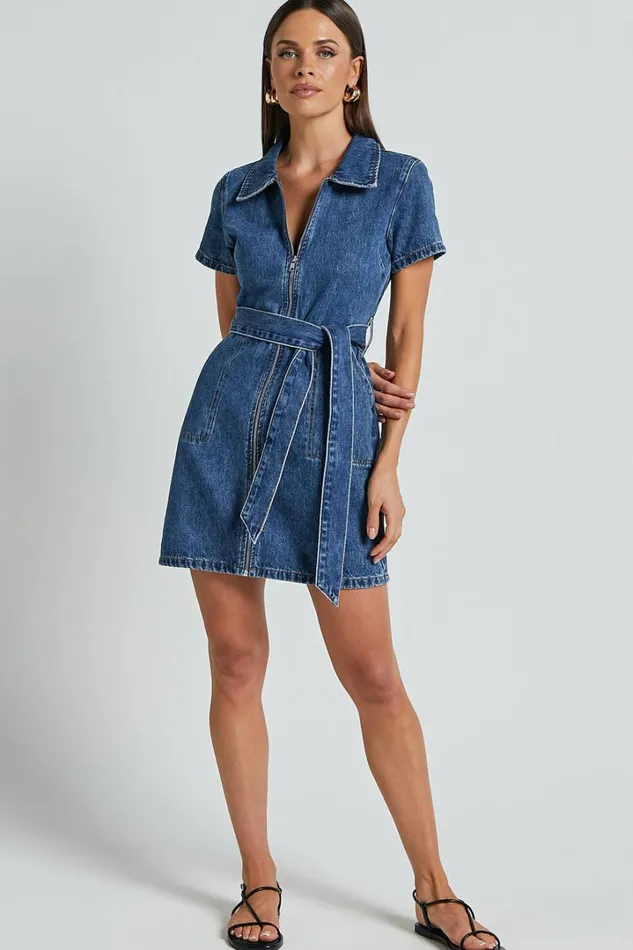 Nandini Mini Dress 8211 Zip Through Denim Dress In Blue Women Showpo Curve Clothes