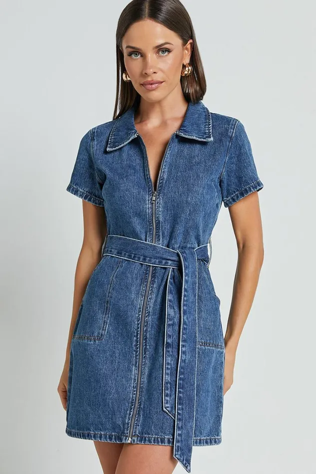 Nandini Mini Dress 8211 Zip Through Denim Dress In Blue Women Showpo Curve Clothes