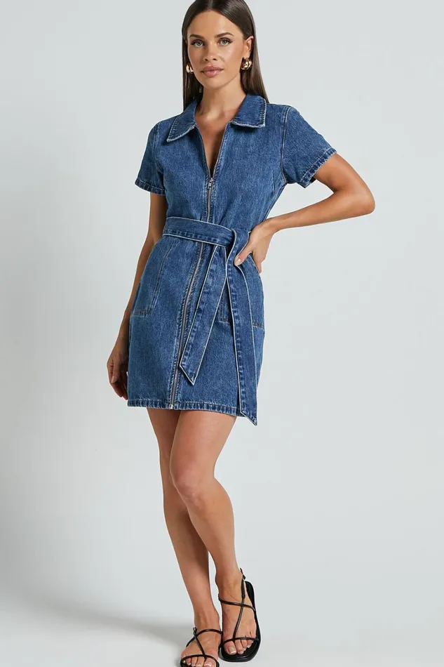 Nandini Mini Dress 8211 Zip Through Denim Dress In Blue Women Showpo Curve Clothes