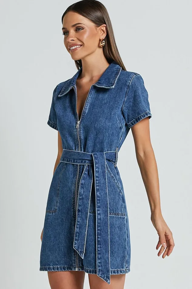 Nandini Mini Dress 8211 Zip Through Denim Dress In Blue Women Showpo Curve Clothes